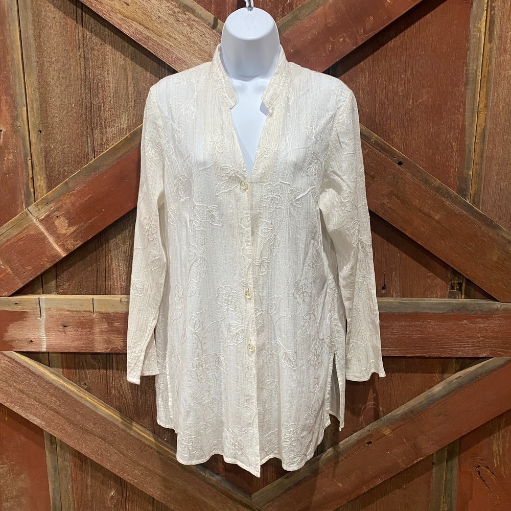 Susan Graver Elegant Blouse Sz Medium Cream Floral Textured Mandarin Collar FLAW